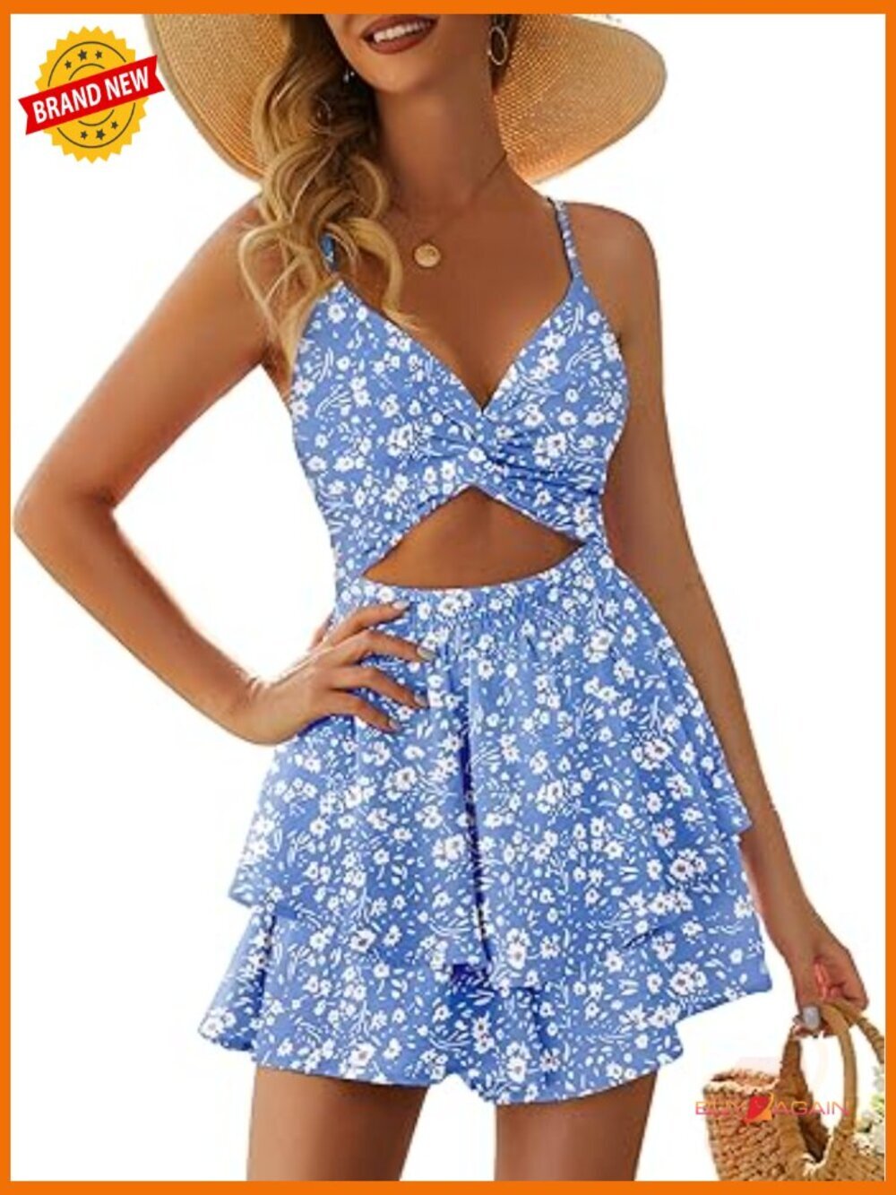 V Neck Twist Spaghetti Strap Double Layer Ruffle Hem Mini Romper